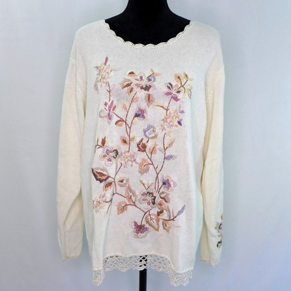 Embroidered Floral & Pearls Ivory Sweater Ramie Cotton 1X Country Door